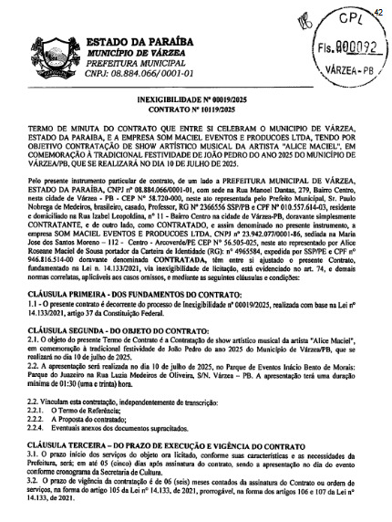 Contrato da prefeitura com Alice Maciel. (foto: reprodução/Tramita/TCE-PB)
