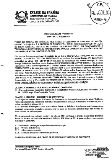 Contrato do show de Guilherme Ferri. (foto: reprodução/Tramita/TCE-PB)