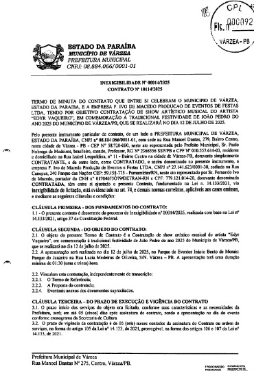 Contrato do show de Edyr Vaqueiro. (foto: reprodução/Tramita/TCE-PB)