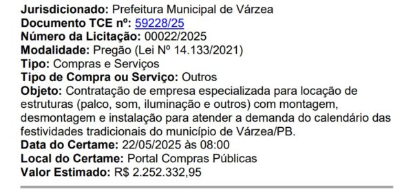 Com 2,8 mil habitantes, Várzea lança licitação de mais de R$ 2 milhões para locação de palco e som