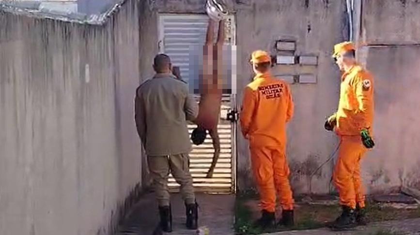 Homem tenta invadir casa da ex e acaba nu e pendurado em muro homem