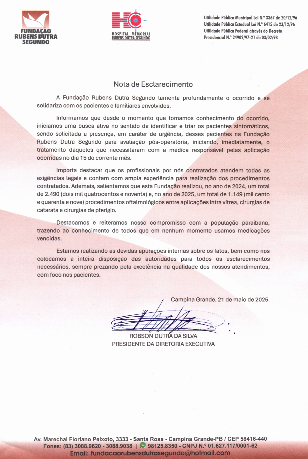 Nota da Fundação Rubens Dutra Segundo