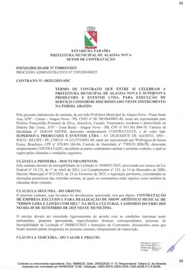 Contrato do show de Edson Lima. (foto: reprodução/Tramita/TCE-PB)