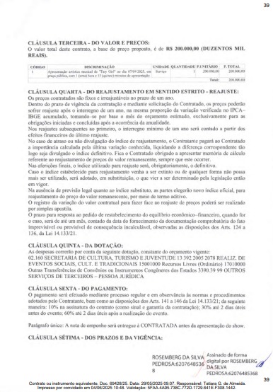 Contrato do show de Taty Girl. (foto: reprodução/Tramita/TCE-PB)