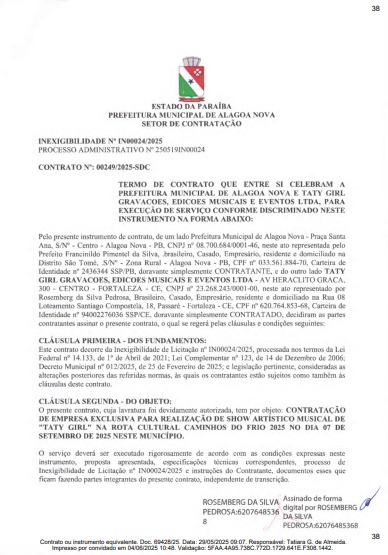 Contrato do show de Taty Girl. (foto: reprodução/Tramita/TCE-PB)