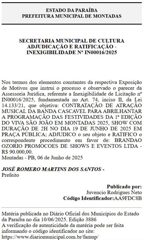 Prefeitura de Montadas gasta mais de R$ 600 mil em show de Walkyria Santos e outros artistas para São João de 2025