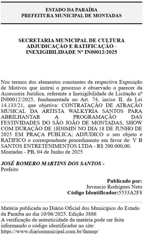 Prefeitura de Montadas gasta mais de R$ 600 mil em show de Walkyria Santos e outros artistas para São João de 2025
