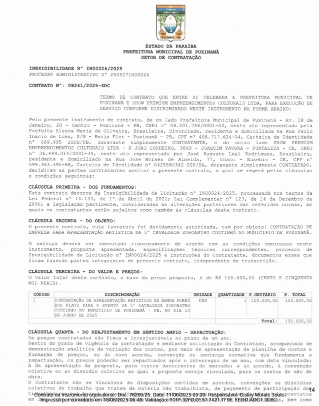 Contrato do shwo de Forró dos Plays. (foto: reprodução/Tramita/TCE-PB)