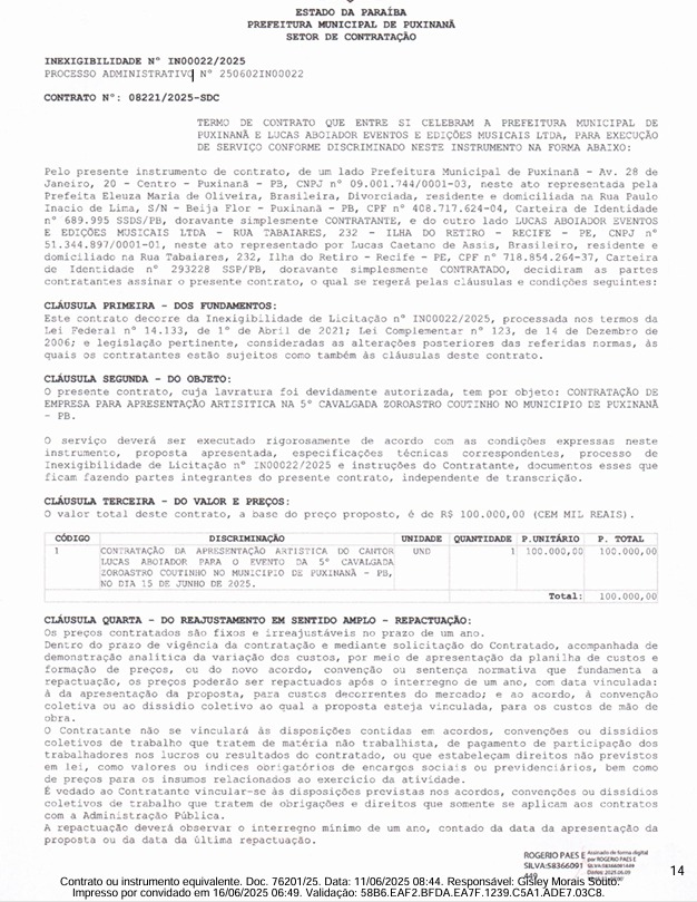 Contrato do shwo de Forró dos Plays. (foto: reprodução/Tramita/TCE-PB)
