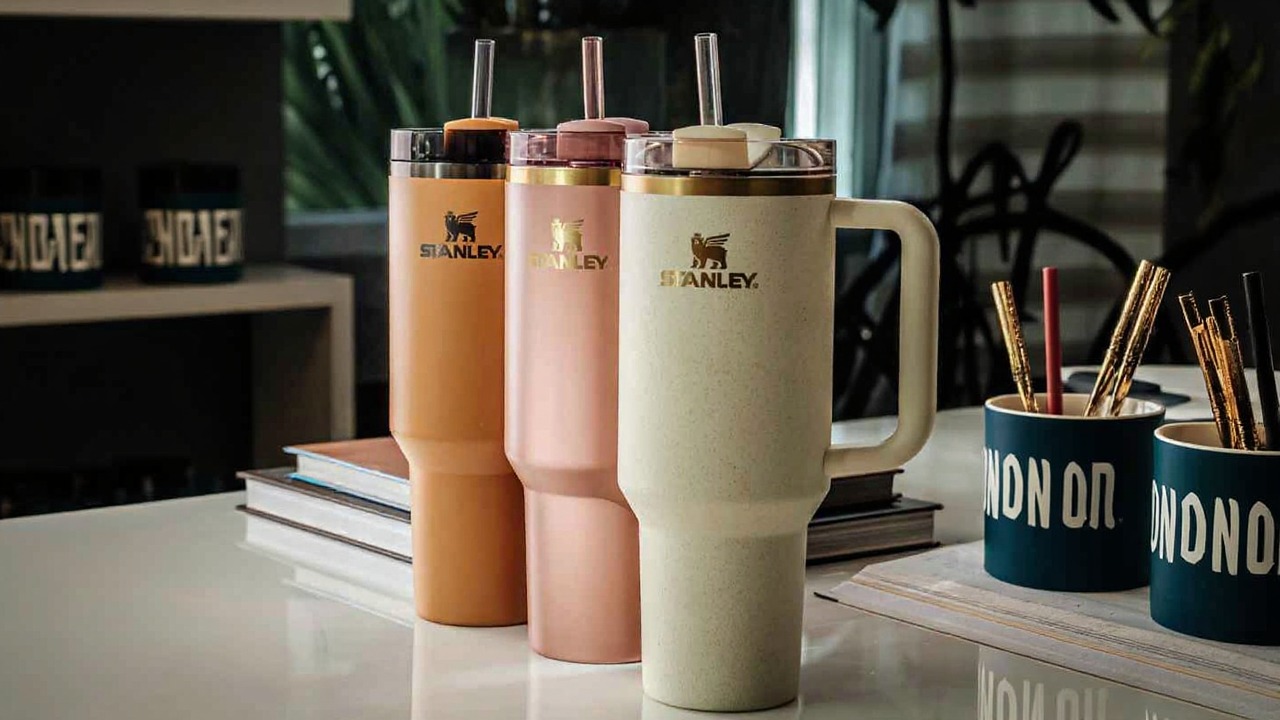 Copos Stanley em Promoção para o São João na Amazon Vários modelos de copos térmicos Stanley coloridos, incluindo o Quencher e o copo de cerveja, em destaque na promoção da Amazon.