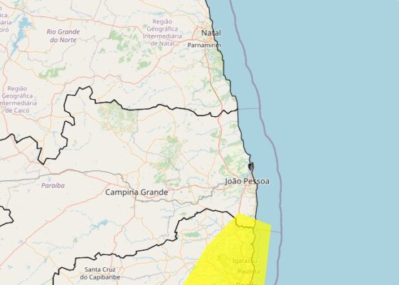 Inmet renova alerta de chuva de até 50 mm para litoral sul da Paraíba