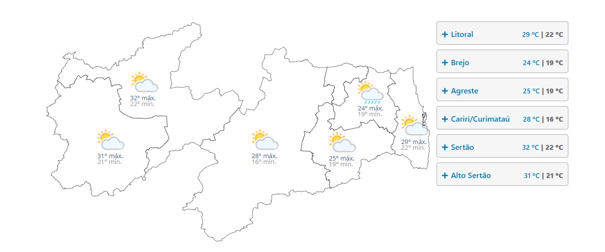 Paraíba tem previsão de chuvas pontuais e mínima de 16°C nesta quarta-feira