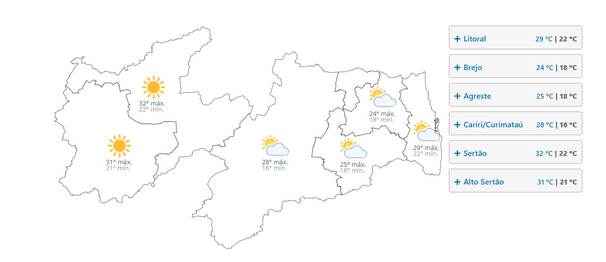 Previsão do tempo: Paraíba deve ter chuvas pontuais e mínima de 22°C no Litoral nesta quinta-feira
