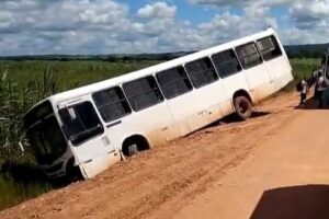 Ônibus com estudantes perde controle e cai em canavial no município de Rio Tinto