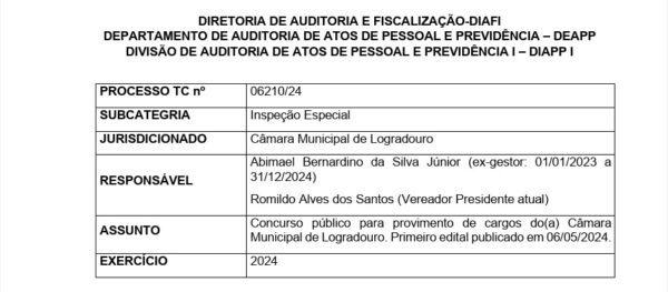 Presidente da Câmara de Logradouro tem 20 dias para explicar ao TCE porque terceirizou serviços ao invés de nomear candidatos aprovados em concurso