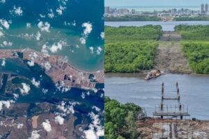 Publicação do cosmonauta (a esquerda) e foto da Ponte do Futuro (a direita). (foto da ponte do futuro: créditos Clilson Júnior)