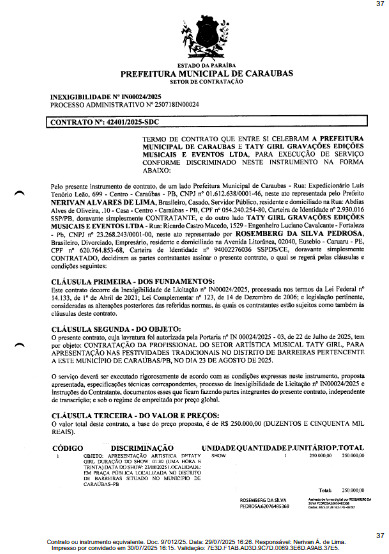 Contrato do show de Taty Girl. (foto: reprodução/Tramita/TCE-PB)