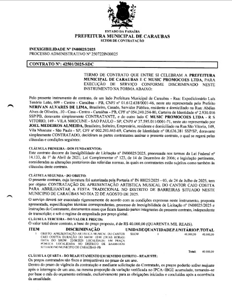 Contrato do show de Caio Costta. (foto: reprodução/Tramita/TCE-PB)