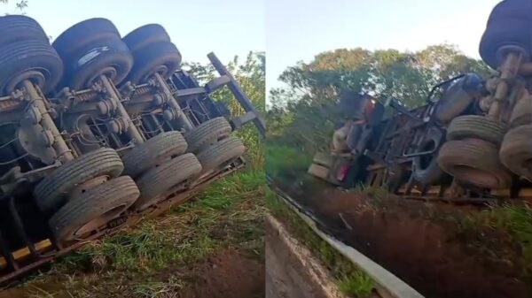 VÍDEO: caminhão tomba na BR-101 em Mamanguape