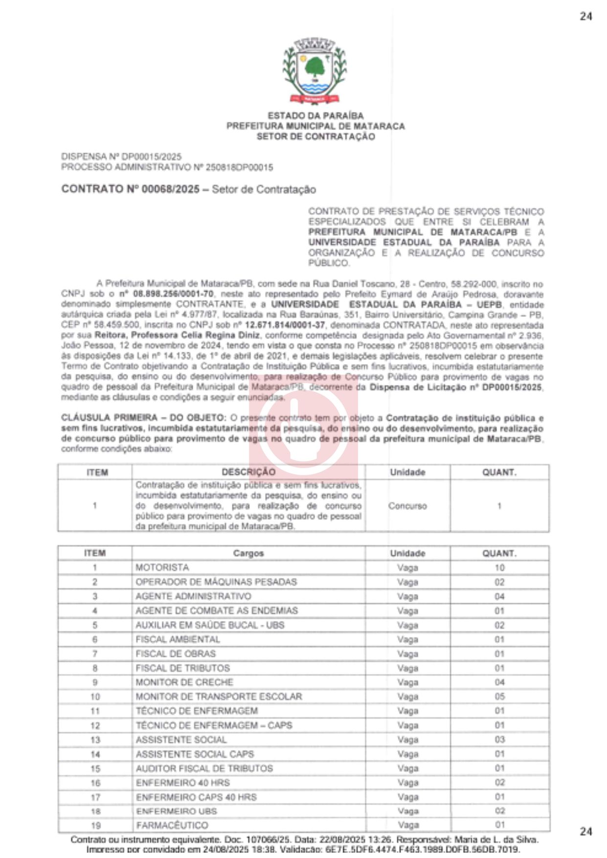 Detalhes do contrato do concurso da Prefeitura de Mataraca, que deverá ser realizado em 2025. (foto: Tramita/TCE-PB)