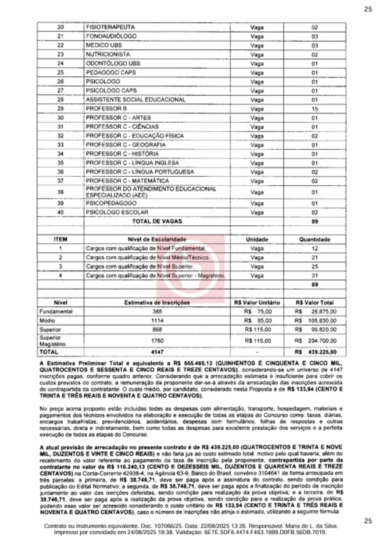 Detalhes do contrato do concurso da Prefeitura de Mataraca, que deverá ser realizado em 2025. (foto: Tramita/TCE-PB)