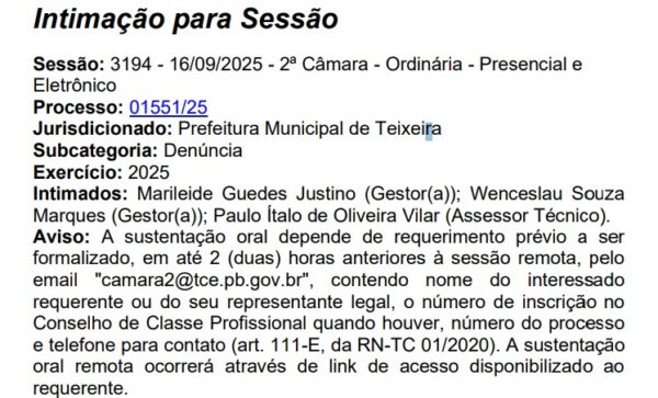  TCE intima prefeita de Teixeira para explicar irregularidades na seleção de 200 Educadores Sociais Voluntários para escolas municipais