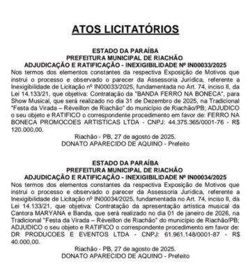 Com menos de 3 mil habitantes, Prefeitura de Riachão deve torrar mais de R$ 585 mil com festa de réveillon