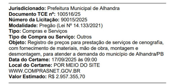 Prefeitura de Alhandra lança edital de mais de R$ 2 milhões para comprar cenografia para festas