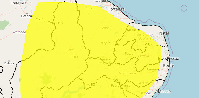 Alerta de vendaval abrange municípios que estão espalhados pelo Agreste, Curimataú, Cariri, Sertão e Alto Sertão. (foto: reprodução/Inmet)