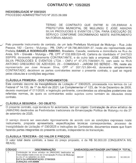 Contrato da Prefeitura de Mulungu com o artista Amazan. (foto: reprodução/Tramita/TCE-PB) 