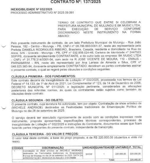 Contrato da Prefeitura de Mulungu com a artista Michele Andrade. (foto: reprodução/Tramita/TCE-PB) 