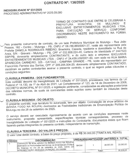 Contrato da Prefeitura de Mulungu com a banda Fogo Na Roupa. (foto: reprodução/Tramita/TCE-PB) 