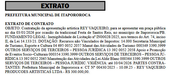 Extrato de contrato do show de Rey Vaqueiro, publicado no DOE. (foto: reprodução/DOE-PB)