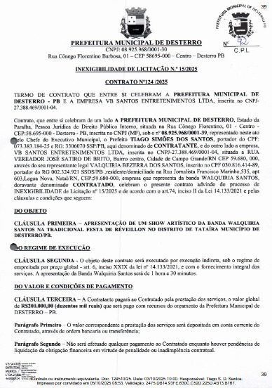 Contrato da cantora Walkyria Santos. (foto: reprodução/Tramita/TCE-PB)
