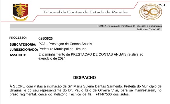 TCE-PB intima prefeita de Uiraúna 