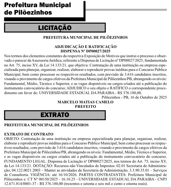 Contrato do concurso da Prefeitura de Pilõezinhos, publicado no DOE-PB. (foto: reprodução/DOE-PB)