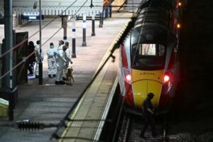 Policiais e adestrador de cães trabalham na plataforma ao lado de um trem na Estação Huntingdon, no leste da Inglaterra, em 1º de novembro de 2025, após um ataque a facas — Foto: Justin Tallis/AFP