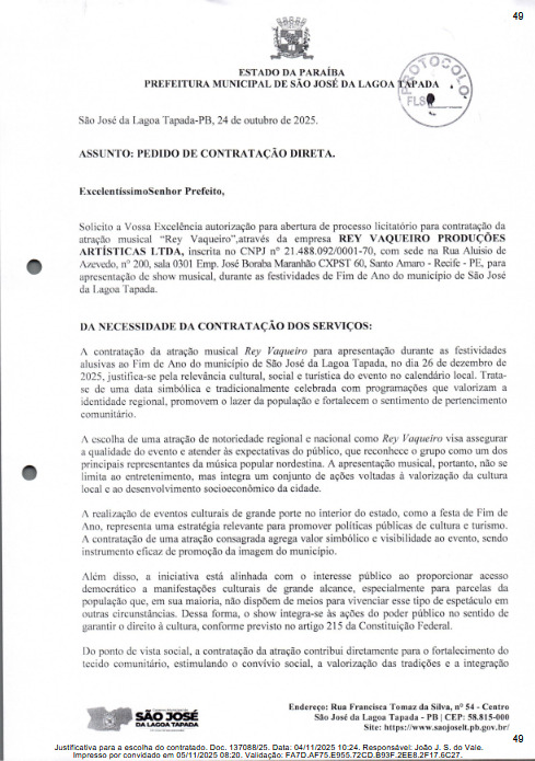 Justificativa do contrato. (foto: reprodução/Tramita TCE-PB)