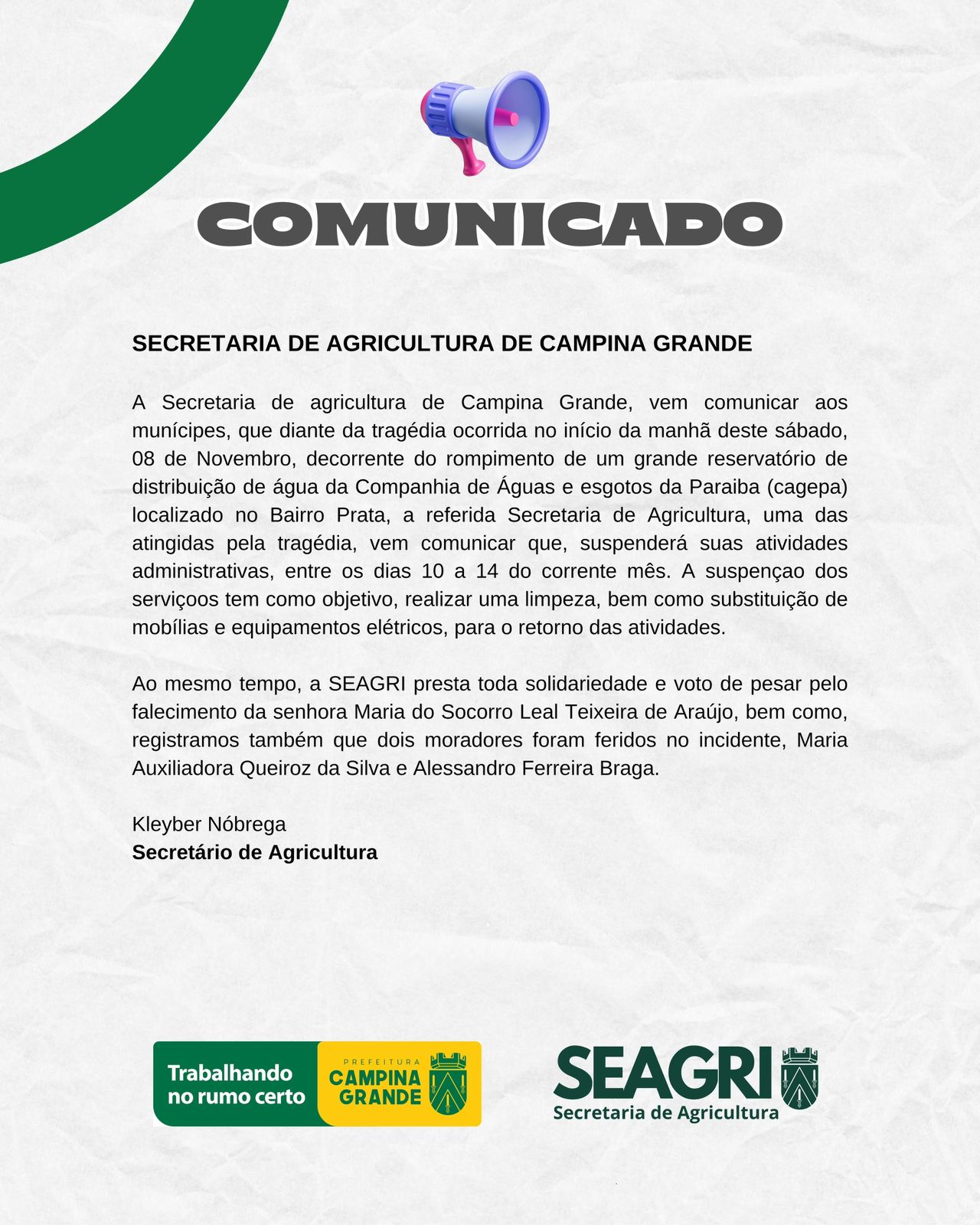 Secretaria de Agricultura de Campina Grande suspende atendimento após enchente imagem