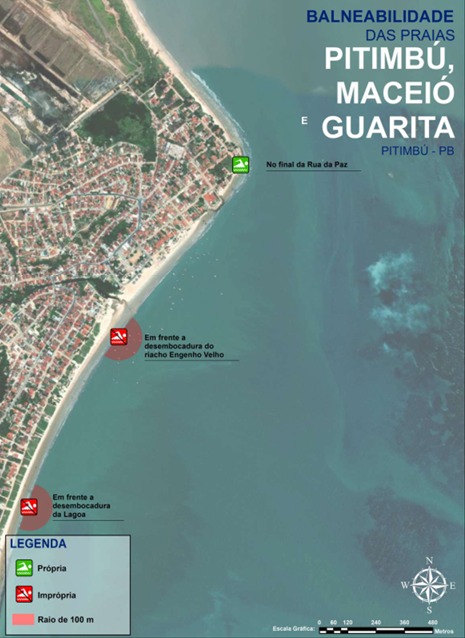 Trechos impróprios em Pitimbu. (foto: reprodução/Sudema)