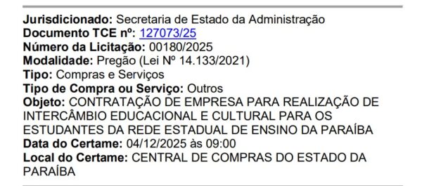 Governo da Paraíba lança edital de R$ 29 milhões para contratar empresa de intercâmbio para estudantes