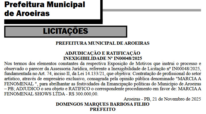 Contrato do show publicado no DOE. (foto: reprodução/DOE-PB)