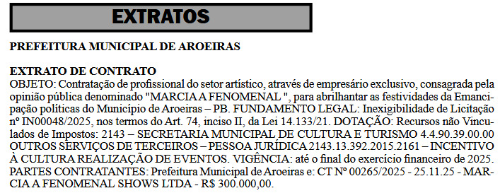 Extrato de contrato do show publicado no DOE. (foto: reprodução/DOE-PB)