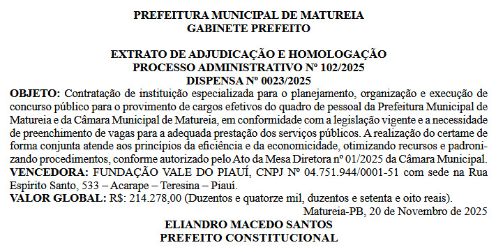 Extrato de adjudicao e homologao. (foto: reproduo/DOE-PB)