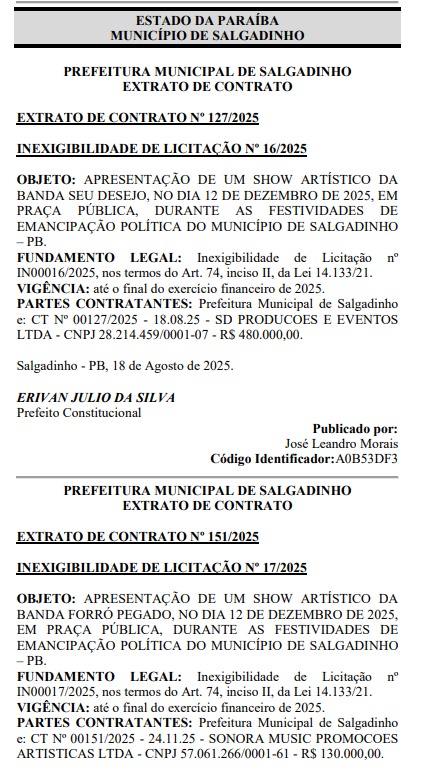 Prefeitura de Salgadinho desembolsa mais de R$ 1,1 milhão em shows de Seu Desejo, Michele Andrade e outros artistas Prefeitura de Salgadinho desembolsa mais de R$ 1,1 milhão em shows de Seu Desejo, Michele Andrade e outros artistas