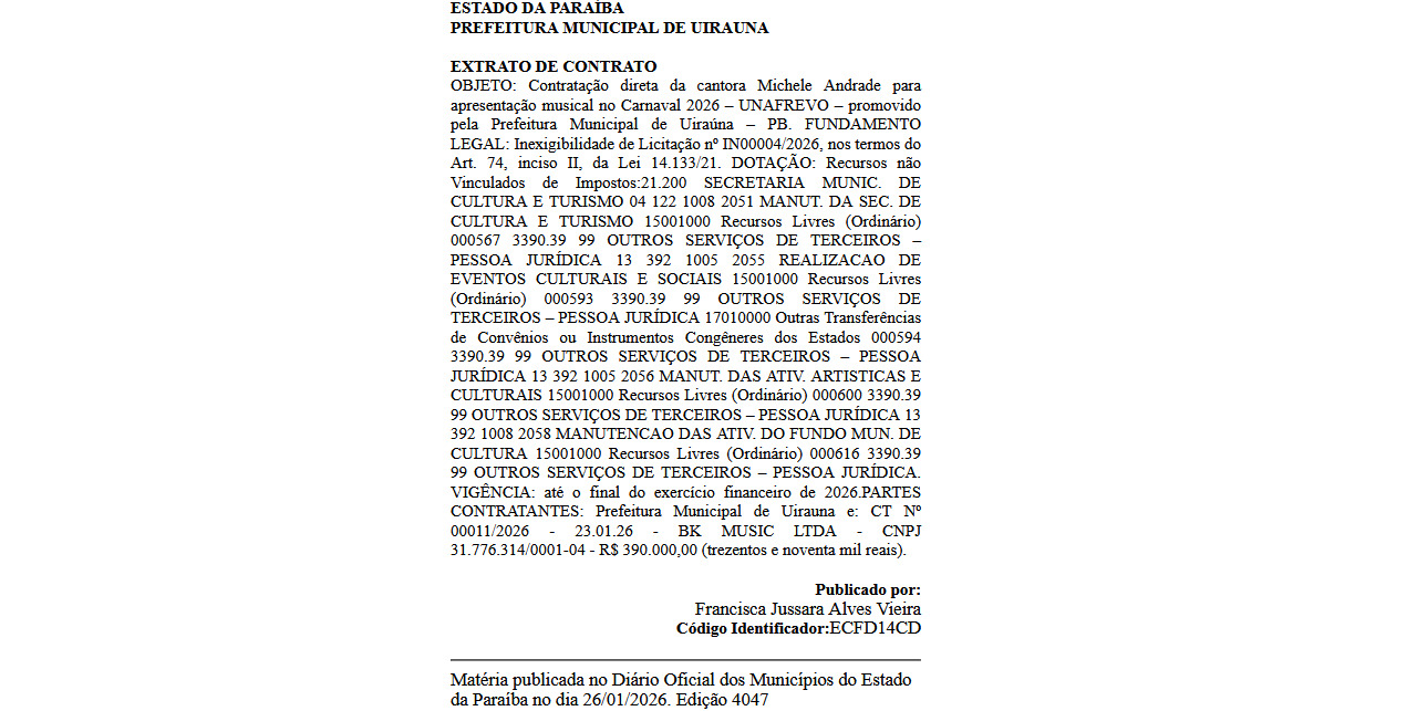 Extrato de contrato do show de Michele Andrade - Foto: reprodução/Diário dos Municípios