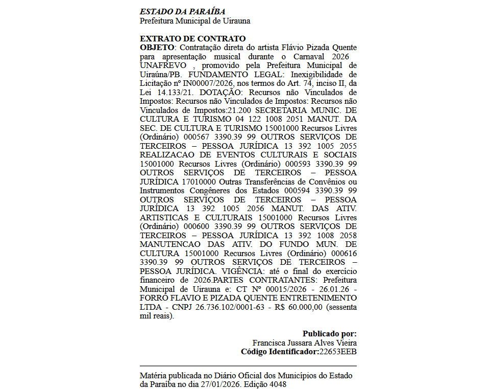 Extrato de contrato do show de Flávio & Pizada Quente - Foto: reprodução/Diário dos Municípios