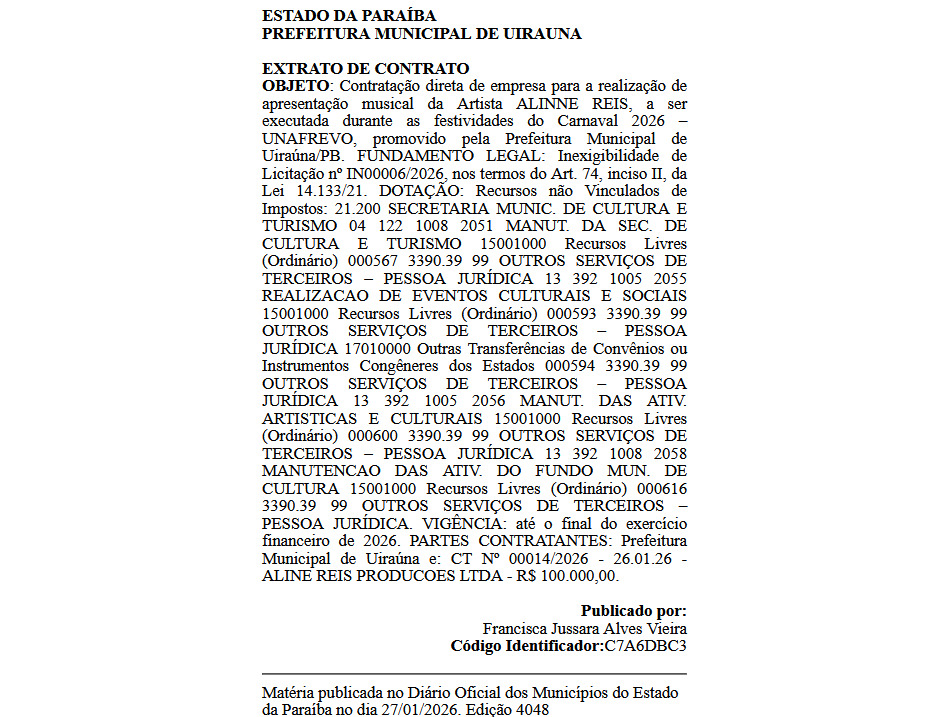 Extrato de contrato do show de Alinne Reis - Foto: reprodução/Diário dos Municípios