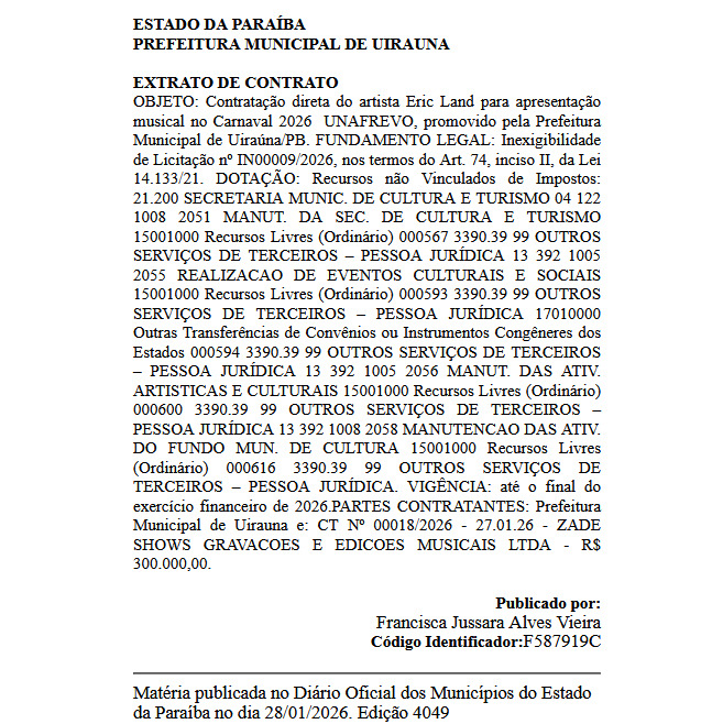Extrato de contrato do show de Eric Land - Foto: reprodução/Diário dos Municípios