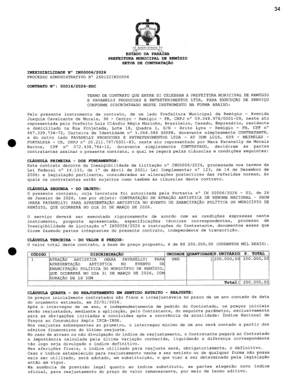 Contrato do show de Mara Pavanelly - Foto: divulgação/TCE-PB